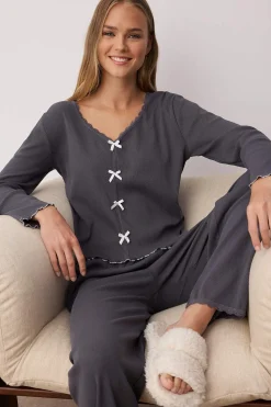 Trendyol Conjunto pijama canalé detalle lazos gris Outlet