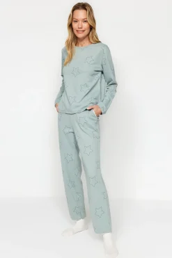 Trendyol Conjunto pijama con estrellas menta100% algodón verde