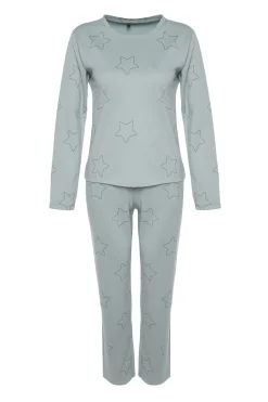 Trendyol Conjunto pijama con estrellas menta100% algodón verde
