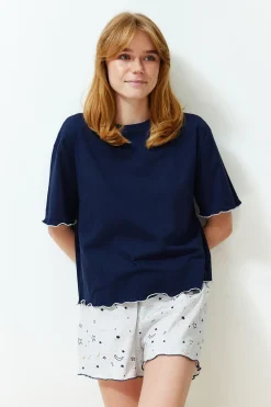 Trendyol Conjunto pijama corto volantes estrellas azul Online
