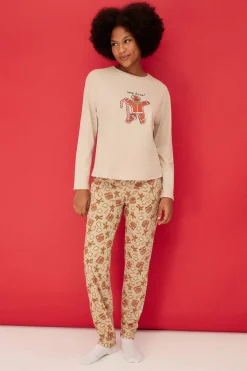 Trendyol Conjunto pijama Galleta jengibre Navidad beige amarillo Clearance