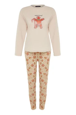 Trendyol Conjunto pijama Galleta jengibre Navidad beige amarillo Clearance