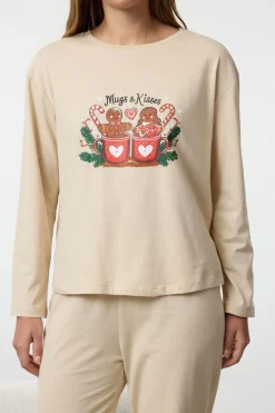Trendyol Conjunto pijama galletas Navidad 100% algodón beige Discount