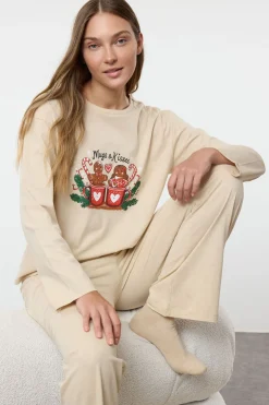 Trendyol Conjunto pijama galletas Navidad 100% algodón beige Discount