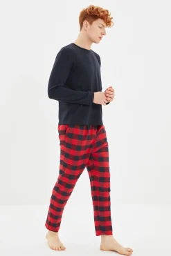 Trendyol Conjunto pijama hombre cuadros rojo y azul estampado Clearance
