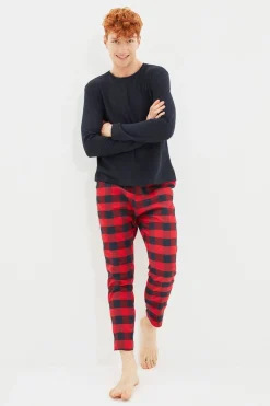 Trendyol Conjunto pijama hombre cuadros rojo y azul estampado Clearance