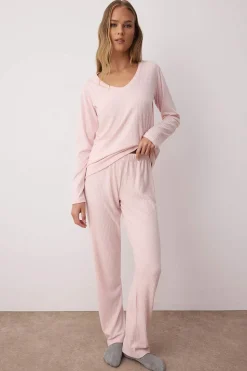 Trendyol Conjunto pijama invierno canalé rosa Hot