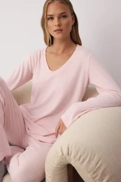 Trendyol Conjunto pijama invierno canalé rosa Hot