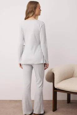 Trendyol Conjunto pijama jaspeado cierre lazo gris New