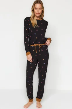 Trendyol Conjunto pijama jogger estampado floral negro Sale