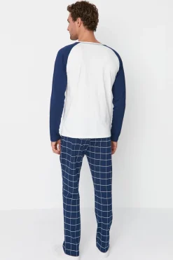Trendyol Conjunto pijama largo cuadros 100% algodón azul Discount