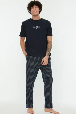 Trendyol Conjunto pijama largo rayas azul New