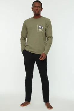 Trendyol Conjunto pijama liso hombre dibujo panda kaki Sale