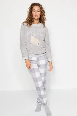 Trendyol Conjunto pijama polar cuadros gris Clearance