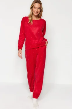 Trendyol Conjunto pijama polar lunares rojo Sale
