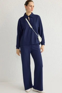Trendyol Conjunto top y pantalón con cuello polo azul Outlet
