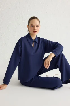 Trendyol Conjunto top y pantalón con cuello polo azul Outlet