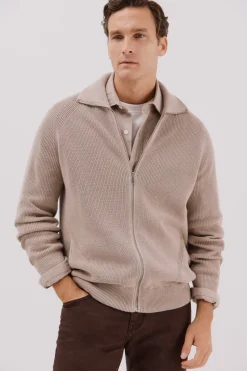 Cortefiel Cárdigan punto algodón cierre cremallera Beige New