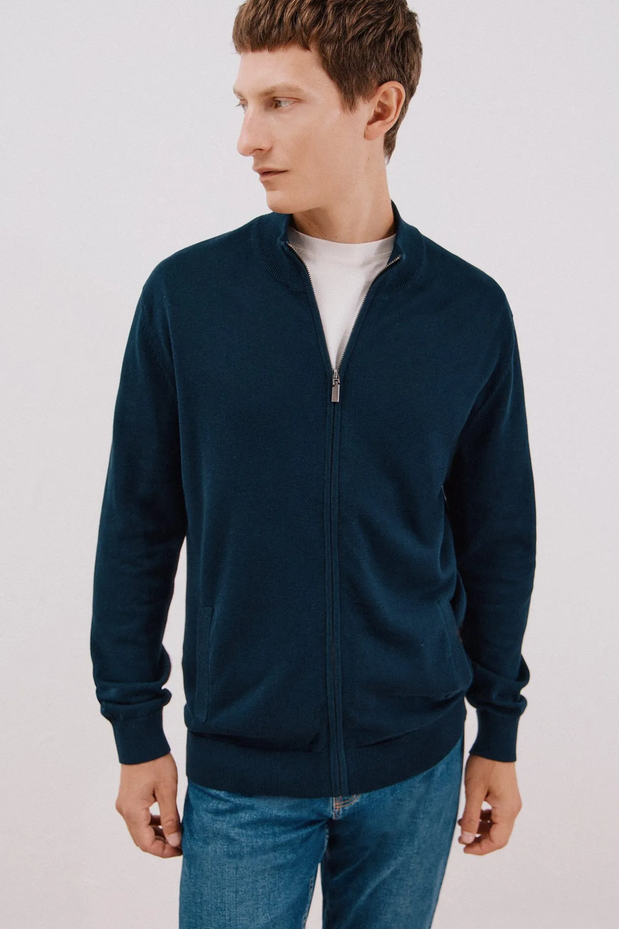 Cortefiel Cárdigan punto fino algodón cremallera Azul marino Discount