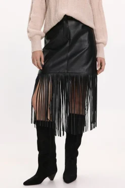 Vila Falda de polipiel con flecos Negro Sale