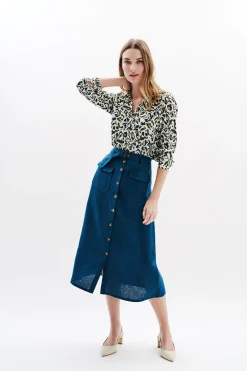 Caroll Falda larga botones 100% lino Azul Online