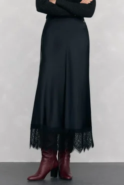 Pedro del Hierro Falda larga satén detalle lace Negro Outlet