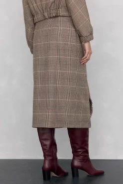 Pedro del Hierro Falda midi cuadros volante desflecado Marr&oacute;n Online