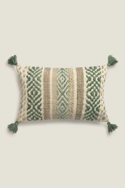 Textura Funda cojín bordado pompones verde Discount