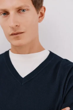 Cortefiel Jersey algodón cashmere cuello pico Azul marino