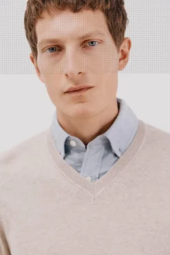 Cortefiel Jersey algodón cashmere cuello pico Beige Best