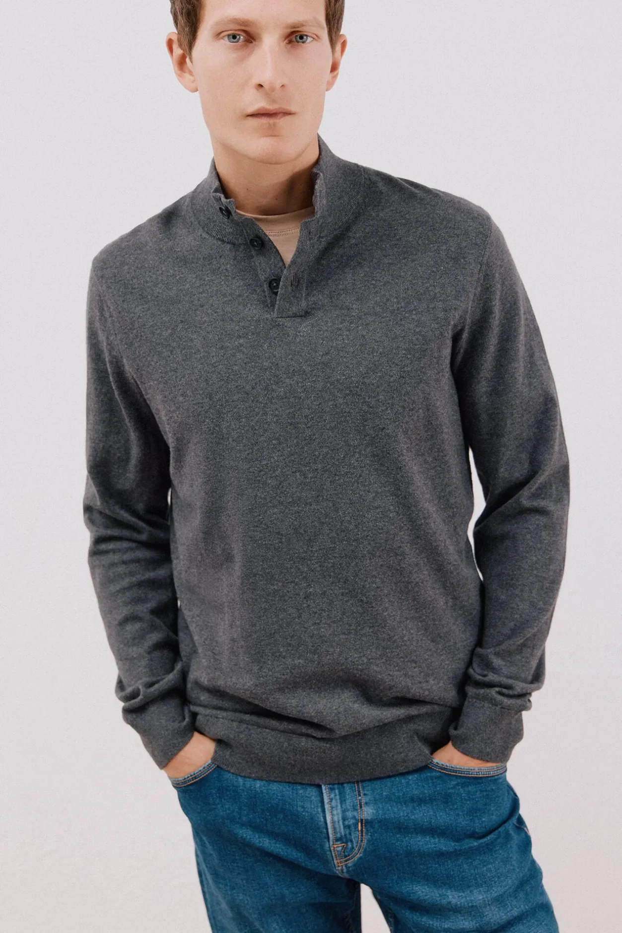 Cortefiel Jersey algodón cashmere cuello alto botones Gris Outlet