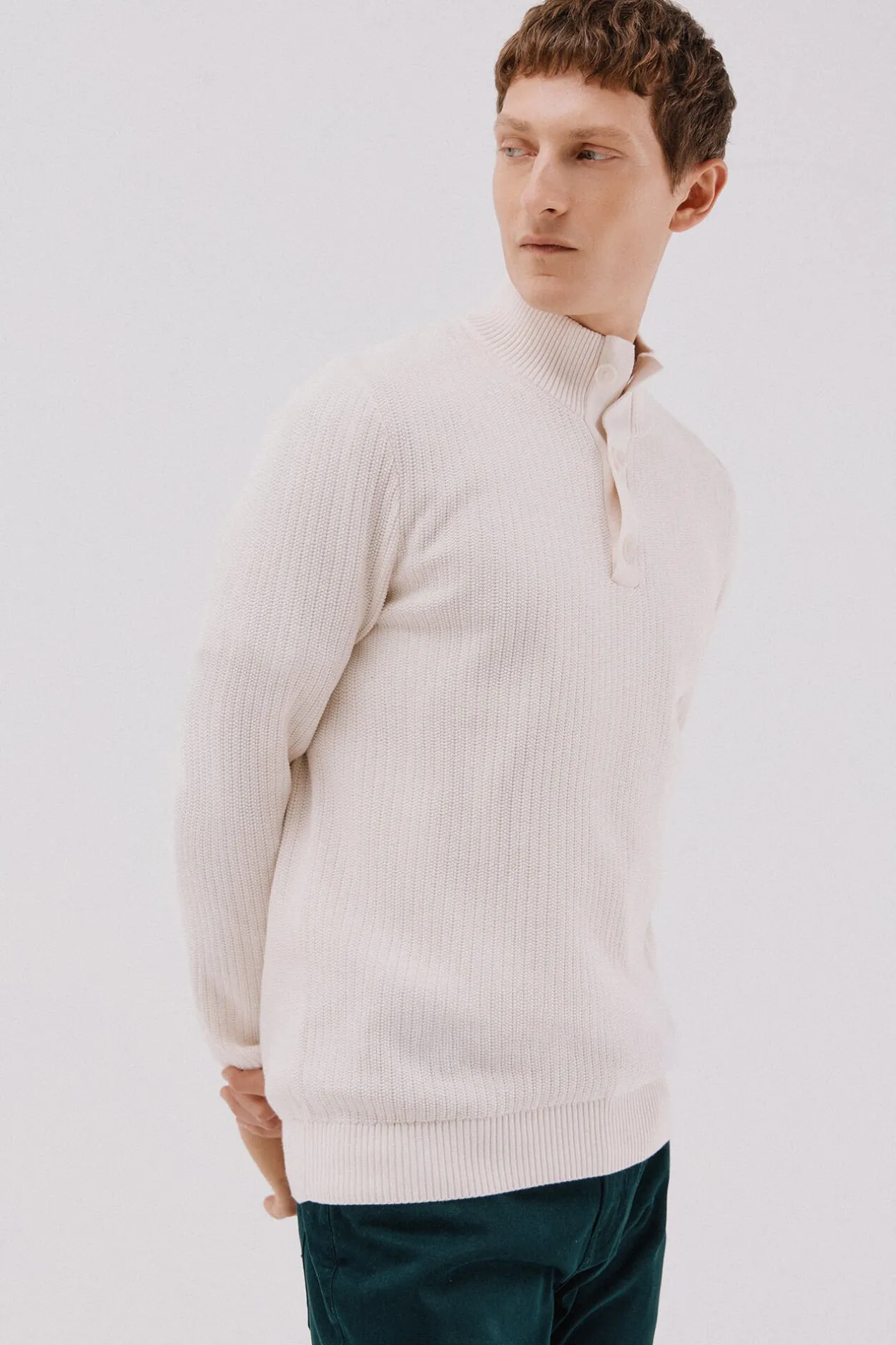 Cortefiel Jersey algodón estructura cuello alto con botones Marfil Discount