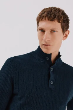 Cortefiel Jersey algodón estructura cuello alto con botones Azul marino Clearance