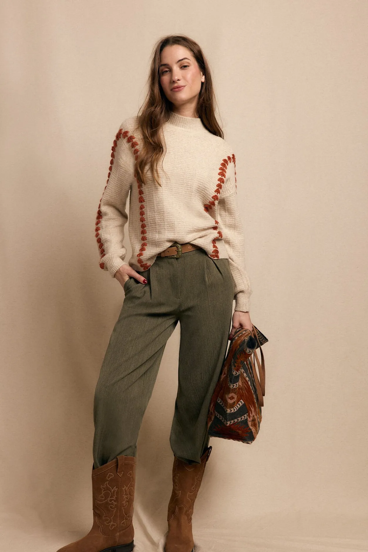 Slowlove Jersey bordado contraste Beige Discount