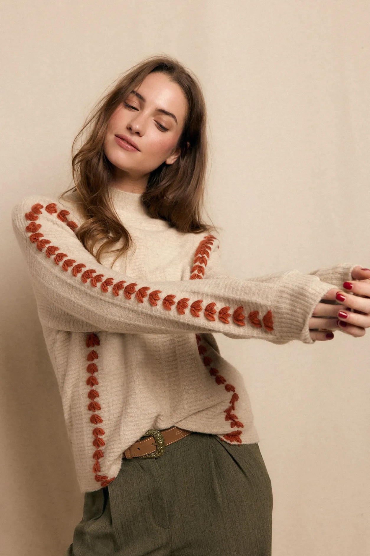 Slowlove Jersey bordado contraste Beige Discount