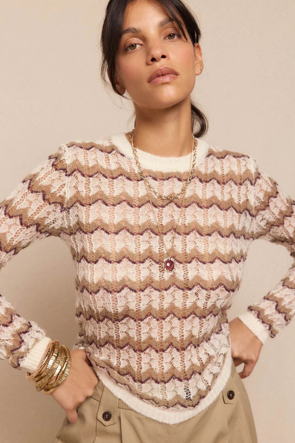 Slowlove Jersey calado multicolor Estampado beige