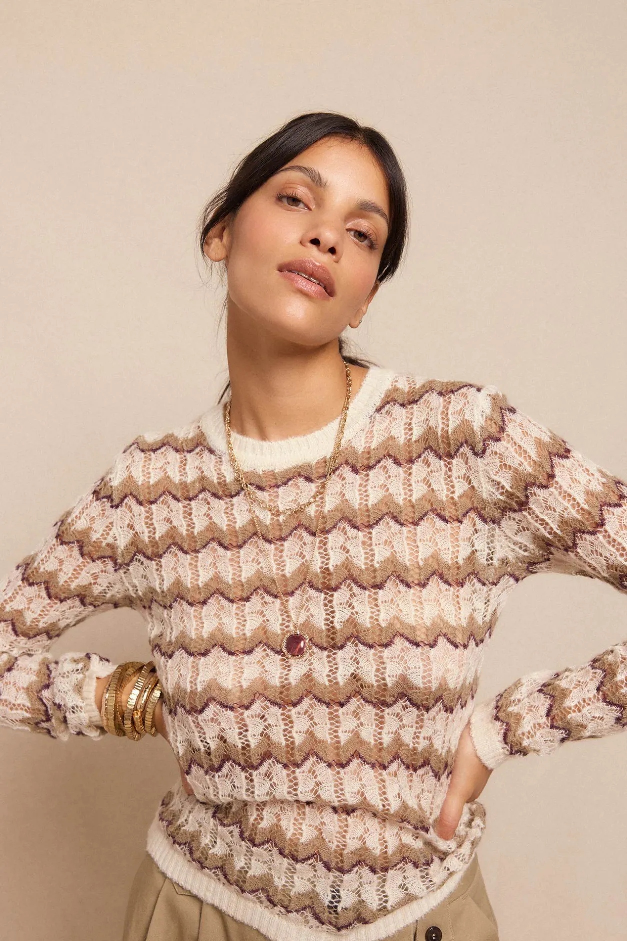 Slowlove Jersey calado multicolor Estampado beige