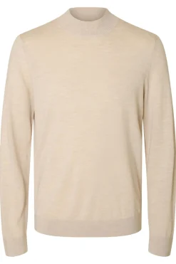 Selected Jersey cuello mock 100% lana merino. Beige