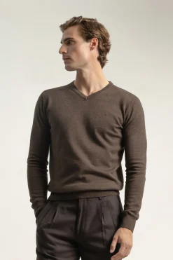 PuroEGO Jersey cuello pico algodón Marr&oacute;n oscuro Sale