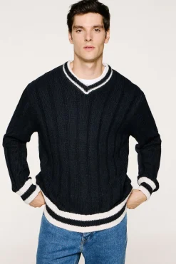 Selected Jersey cuello pico lana y alpaca Azul marino Clearance