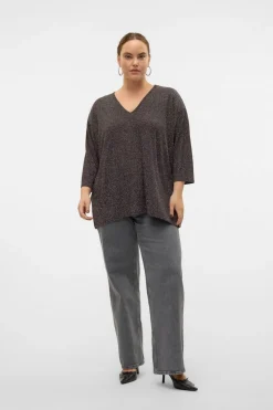 Vero Moda Curve Jersey cuello pico lúrex talla grande Marrón oscuro Sale
