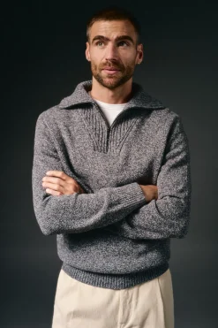 OOTO Jersey cuello polo cremallera algodón Gris oscuro Sale