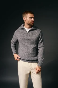 OOTO Jersey cuello polo cremallera algodón Gris oscuro Sale