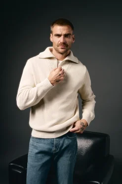 OOTO Jersey cuello polo cremallera algodón Beige Outlet