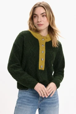 Vila Jersey de lana con botones en el cuello Verde oscuro Sale