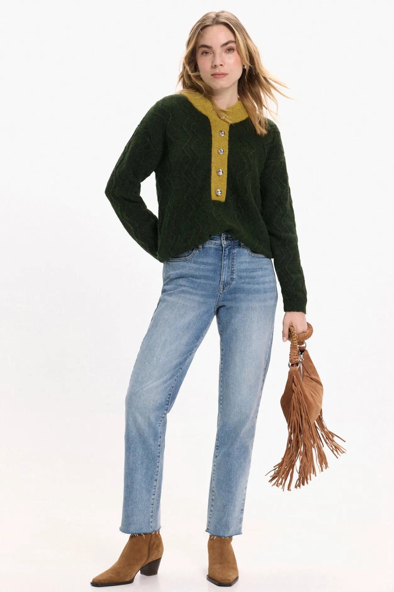 Vila Jersey de lana con botones en el cuello Verde oscuro Sale