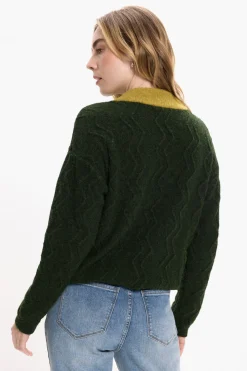 Vila Jersey de lana con botones en el cuello Verde oscuro Sale