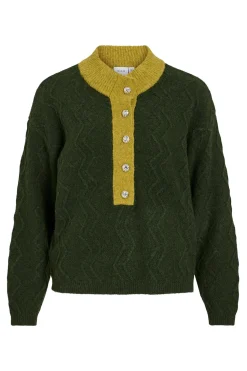 Vila Jersey de lana con botones en el cuello Verde oscuro Sale