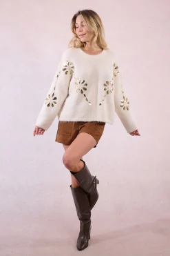 Molly Bracken Jersey de manga larga detalle flores Marfil Sale