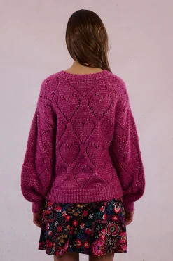 Molly Bracken Jersey de manga larga en punto calado con corazones Lila New